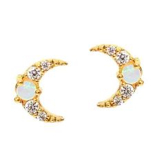 TAI MOON STUD EARRINGS WITH OPAL CENTER - Style Code: TE-1460 - Gold plating over brass - Simulated Opal accents - CZ accents - Authorized TAI Retailer - FREE SHIPPING Orders Over $100 ! Crescent Moon Earrings, Moon Studs, Star Studs, Moon Earrings, Cz Stone, Gold Earrings Studs, Gold Plating, Gold Vermeil, Frosting