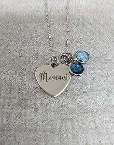 "This sterling necklace is adorned with a stainless steel mirror polished heart shaped charm that reads, \"Memaw,\" and can come with or without 8mm birthstone charms. Necklaces are available in 18 or 20 inches. Please see photos for available charm colors, and put the desired months in the personalization box during checkout. The stones will be arranged in the order you leave them in your note. Enter my shop here to find similar items: https://etsy.me/2EERm29 All items arrive boxed and ready fo Customizable Stainless Steel Jewelry For Mother's Day, Stainless Steel Pendant Jewelry For Mother's Day, Personalized Stainless Steel Jewelry As Gift For Her, Customizable Blue Jewelry For Gifts, Customizable Blue Jewelry Gift, Stainless Steel Round Pendant Jewelry For Mother's Day, Mother's Day Stainless Steel Necklace For Mom, Mother's Day Personalized Stainless Steel Jewelry, Mother's Day Gift Stainless Steel Necklace