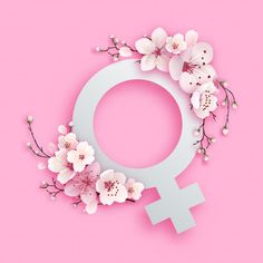 the female symbol is surrounded by flowers on a pink background