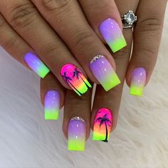 Summer Nail Art Designs Bright Colors, 90s Neon Nails, 40th Nails, Neon Toe Nails, Victoria Nails, Summer Nails 2023, Palm Tree Nails, Tropical Nails, Fancy Nails Designs