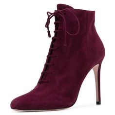 Elevate your style with these Burgundy Vegan Suede Stiletto Heel Lace-Up Boots! These boots feature a cruelty-free suede construction, a sleek stiletto heel, and a chic lace-up closure for a trendy yet comfortable fit. Whether for casual outings or evening events, these versatile boots add a touch of sophistication to any outfit, ensuring both style and comfort. Handcrafted US sizing. Fits true to size. Heel Height: 4.72" / 120 mm approx Product measurements were taken using size 8. Please note that measurements may vary by size. Burgundy Vegan Suede: Crafted from high-quality vegan suede material, offering a luxurious look and feel while remaining cruelty-free. Stiletto Heel: Elegant and stylish stiletto heel design, providing both height and sophistication for various occasions. Lace-Up Stiletto Heel Boots, Heeled Lace Up Boots, Pencil Heels, Custom Boots, Burgundy Lace, Suede Material, Long Boots, Heel Boots, Designer Heels