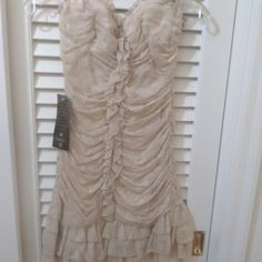 Unusual Flirty, Body-Con Dress. Tiny Straps, Very Feminine. Never Worn..Has Tags. One Of A Kind! Light Nude/Cocoa Color. Ruched Lace Mini Dress For Party, Lace Mini Dress With Ruched Spaghetti Straps, Bebe Cream, Bebe Dresses, Homecoming, Cocoa, Colorful Dresses, Bodycon Dress, Mini Dress