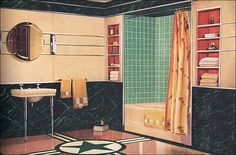 an old fashioned bathroom with green tile and gold accessories on the shower, sink, and bathtub