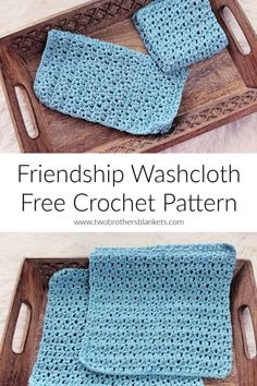 two crocheted dishcloths on a wooden tray with text overlay that says, free crochet pattern