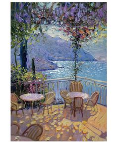 an oil painting of tables and chairs on a balcony overlooking the water with purple flowers