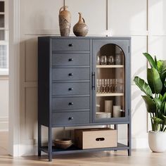 a gray cabinet with glass doors and drawers next to a potted plant on the floor