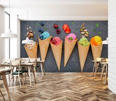 an ice cream shop with three cones on the wall