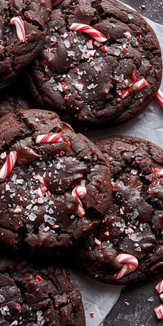 chocolate cookies with candy canes and crushed peppermint on top, ready to be eaten