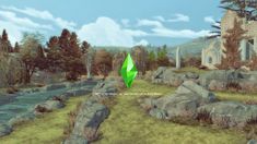 an animated image of a green arrow in the middle of a field with rocks and trees