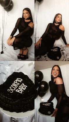 a collage of photos with balloons and a woman sitting on a chair in front of a cake