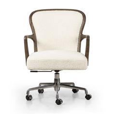 an office chair with wheels and casteors on the back, in white upholstered fabric