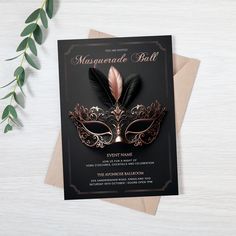 a masquerade ball party card with a mask on it