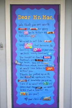 a door decorated with candy bars and writing