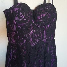 Brand New Guess Black Lace Dress With Mid Open Back. Lined Purple Mini Dress For Party, Purple Lined Mini Dress For Night Out, Guess Dress, Black Lace Dress, Purple And Black, Black Lace, Lace Dress, Colorful Dresses, Brand New