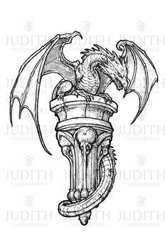 a black and white drawing of a dragon on top of a pillar