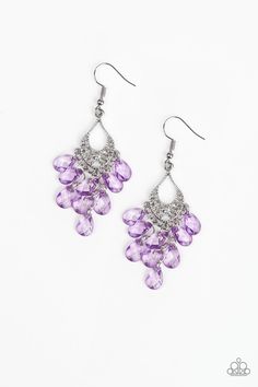 Glassy purple teardrops cascade from the bottom of an ornate silver frame, coalescing into a whimsical chandelier. Earring attaches to a standard fishhook fitting.

 Sold as one pair of earrings. Whimsical Chandelier, Paparazzi Earrings, Chandelier Earring, Paparazzi Consultant, Mobile Boutique, Bead Storage, Purple Earrings, Jewelry Images, Paparazzi Accessories