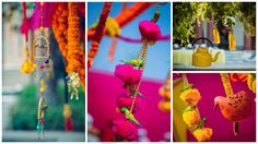 various pictures of colorful decorations hanging from the ceiling