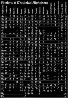 the ancient and magick alphabets are shown in this black and white poster,