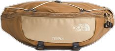 the north face terran waist pack in tan and black, with zippers on each side