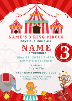 the circus birthday party flyer is ready to be used for your child's birthday