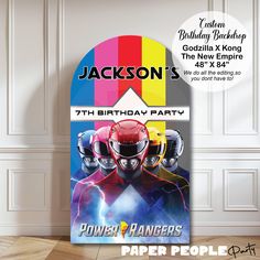 a birthday party sign with an image of the power rangers