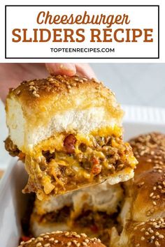 cheeseburger sliders in a white tray with text overlay