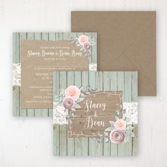 two wedding cards with flowers on them, one is brown and the other is pink