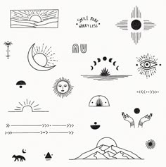 the sun, moon and other symbols are drawn in black ink on a white paper