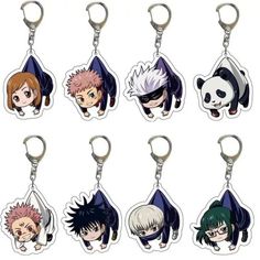 six keychais with different anime characters on them, one is black and the other is white