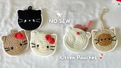 three crocheted kitty purses with no sew and kitten pouches on them