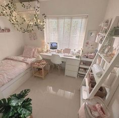 a bedroom with a bed, desk and shelves on the wall next to a window