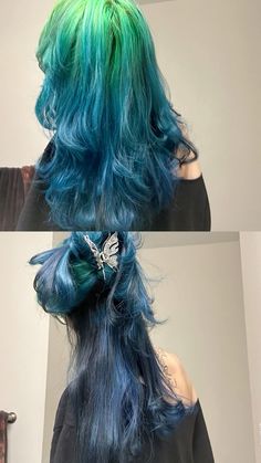 Blue And Green Hair Dye Ideas, Blue And Green Curly Hair, Blue To Green Hair, Blue And Green Dyed Hair, Blue And Green Hair Ideas, Under Dye Hair Ideas, Blue And Green Hair Ombre, Orange And Blue Hair, Green And Blue Hair