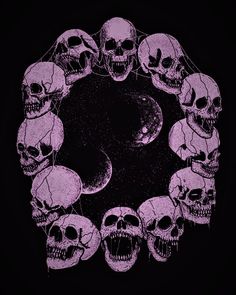 a bunch of skulls sitting in a circle on top of a black background with the moon behind them