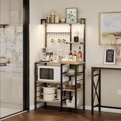 a microwave oven sitting on top of a wooden shelf