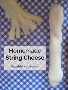 homemade string cheese on a blue and white checkered tablecloth