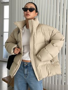 Drop Shoulder Slant Pockets Puffer Thick Pockets Coat Khaki Casual  Long Sleeve Fabric Plain Puffer Non-Stretch  Women Clothing, size features are:Bust: ,Length: ,Sleeve Length: Khaki Puffer Jacket Outfit, Copenhagen Outfits, Best Puffer Jacket, Outerwear Women Winter, Winter Wardrobe Essentials, Fall School, Puffer Coats, Oversized Outfit, Women Outerwear