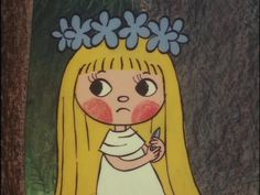 a drawing of a girl with long blonde hair and flowers in her hair holding a pen