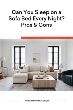 a living room with white walls and black windows is featured in the article can you sleep on a sofa bed every night? pros & cons