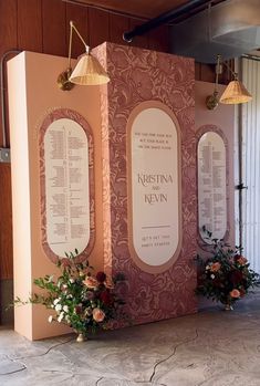 a display with flowers and menus on it