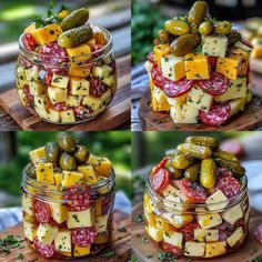 four different pictures of pickles and cheese in a jar