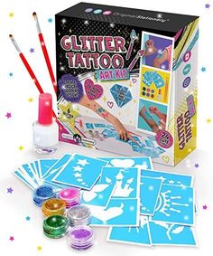 the glitter tattoo art kit is in its box