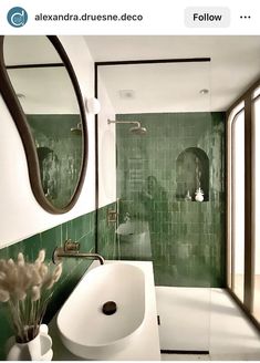 #deckrailingideas #deckdesign #exteriordecor #outdoorliving #homedecor #railingdesign #backyardinspiration #landscapedesign #diyhome #spicedecor Zellige Tile Bathroom, Green Bathroom Tile, Green Shower Tile, Green Tile Bathroom, White Bathroom Tiles, White Tile Floor, Bamboo Bathroom, Bathroom Inspiration Decor, Upstairs Bathrooms