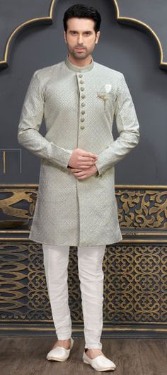 Black and Grey color IndoWestern Dress in Art Silk fabric with Embroidered, Thread work White Embroidered Fabric Fitted For Formal Occasions, Formal White Embroidered Fitted Fabric, Cream Long Sleeve Embroidered Fabric For Wedding, Cream Long Sleeve Embroidered Wedding Fabric, Beige Embroidered Long Sleeve Fabric For Wedding, Beige Long Sleeve Embroidered Fabric For Wedding, White Kurta With Gold Embroidery For Wedding, White Embroidered Kurta For Ceremony, White Wedding Kurta With Gold Embroidery