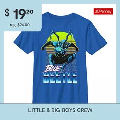 This short-sleeve t-shirt features a Blue Beetle graphic for your little or big boy to feel like a superhero. It's made from soft cotton for a breathable, lightweight feel, perfect for his adventurous schedule.Character: Blue BeetleClosure Type: Pullover HeadFit: Regular FitNeckline: Crew NeckSleeve Length: Short SleeveFiber Content: 100% CottonFabric Description: KnitCare: Tumble Dry, Machine WashCountry of Origin: Imported Blue Pop Culture T-shirt With Character Print, Blue Graphic Tee With Character Print, Blue Character Print Graphic Tee, Blue Short Sleeve Pop Culture Tops, Pop Culture Blue Short Sleeve Top, Blue Pop Culture Short Sleeve Top, Blue Cartoon Print T-shirt For Fans, Pop Culture Blue T-shirt With Character Print, Blue Short Sleeve Pop Culture T-shirt