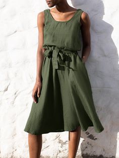 Women Solid Sleeveless Crew Neck Dress with Belt Knee-length Solid Color Sleeveless Dress For Summer, Solid Color Knee-length Sleeveless Dress For Summer, Knee-length Sleeveless Dress In Solid Color For Summer, Casual Green Sleeveless Knee-length Dress, Green Casual Knee-length Sleeveless Dress, Casual Green Knee-length Sleeveless Dress, Sleeveless Green Solid Sundress, Green Sleeveless Solid Color Dress, Solid Sleeveless Dresses With Tie Waist