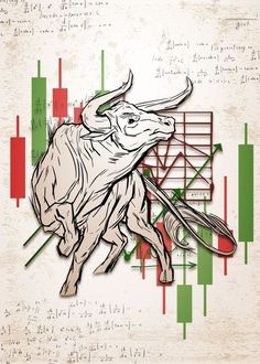 a bull with horns and arrows on it is depicted in front of a stock chart