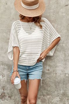 Spring/Summer Scoop Neck Short Sleeve Hollowed Out Knit Top 100% Polyester Jersey Pattern, Loose Fabric, Graphic Tops, Milky White, Boutique Accessories, Scarf Jewelry, Open Knit, Casual Fit, Batwing Sleeve