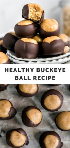 healthy buckeye ball recipe with chocolate and peanut butter in the middle on a plate