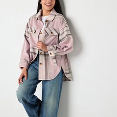 This oversized plaid shirt jacket from Arizona Jeans Co. junior's collection is perfect for layering while staying on trend. Made from soft knit, it has a classic point collar, drop shoulders, chest flap pockets, and long sleeves with button cuffs. Wear it layered over a t-shirt with jeans.Closure Type: ButtonFit: Regular FitNeckline: Collar NeckPockets: 2 Chest Button PocketsSleeve Length: Long SleeveWarmth Factor: MidweightApparel Length: 29.5 InchesOuterwear Length: MidFiber Content: 100% Po… Oversized Plaid Shirts, Junior Shirts, Shirt Jackets, Arizona Jeans, Soft Knits, Plaid Shirt, Shirt Jacket, Layering, Coats Jackets