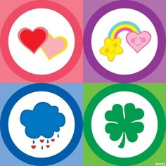 four different colored circles with hearts, clovers, and flowers in the middle one has a rainbow